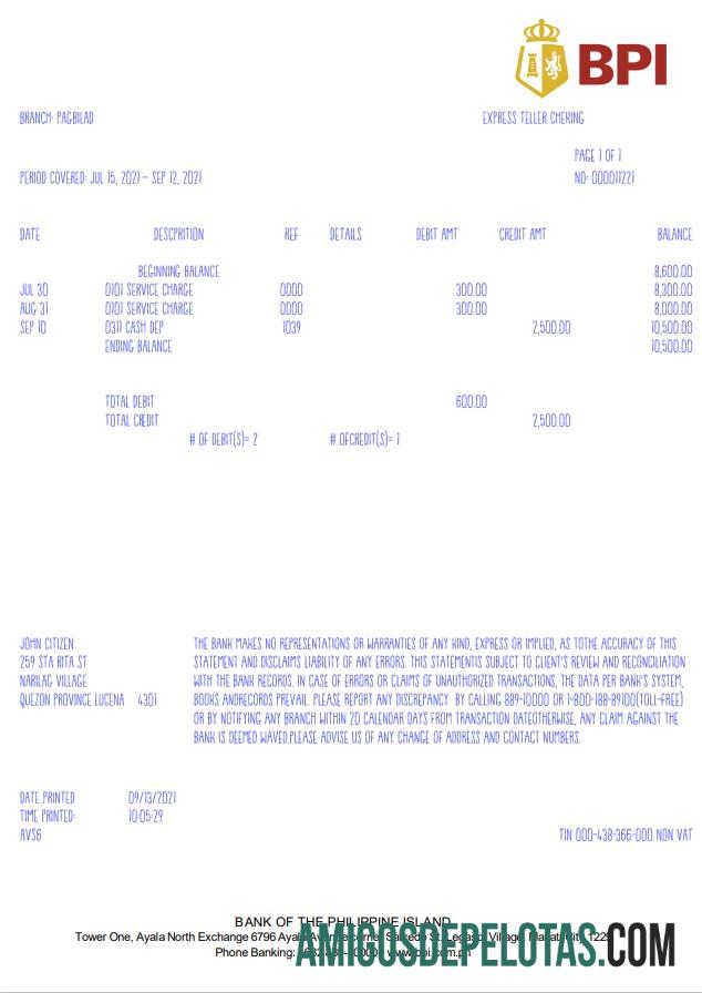 Exemplo do Banco das Ilhas Filipinas (BPI) das Filipinas